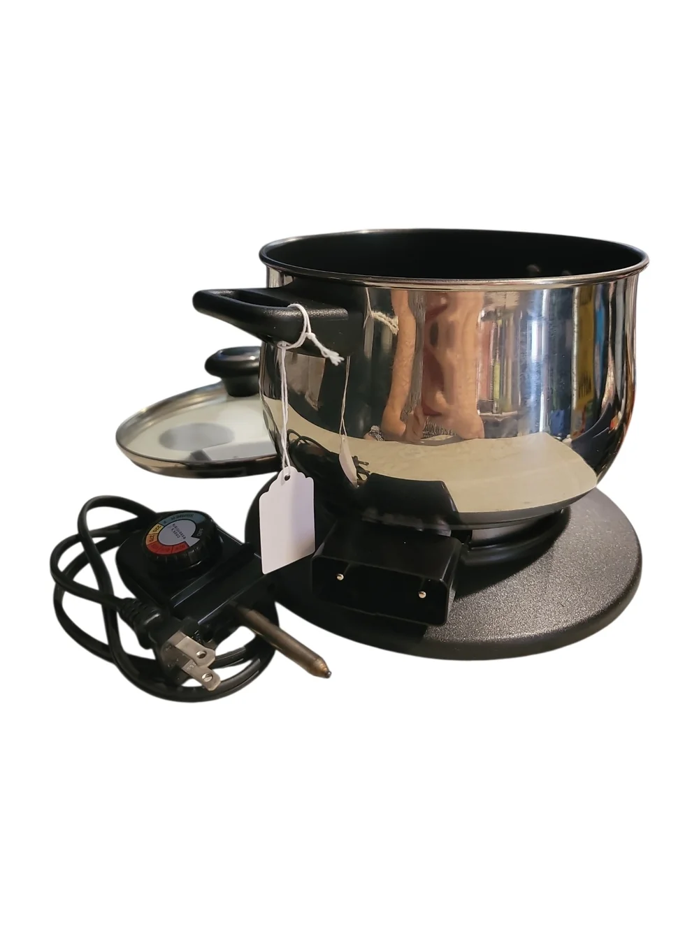 Electric Stainless Steel Hot Pot with Black Handles and Lid